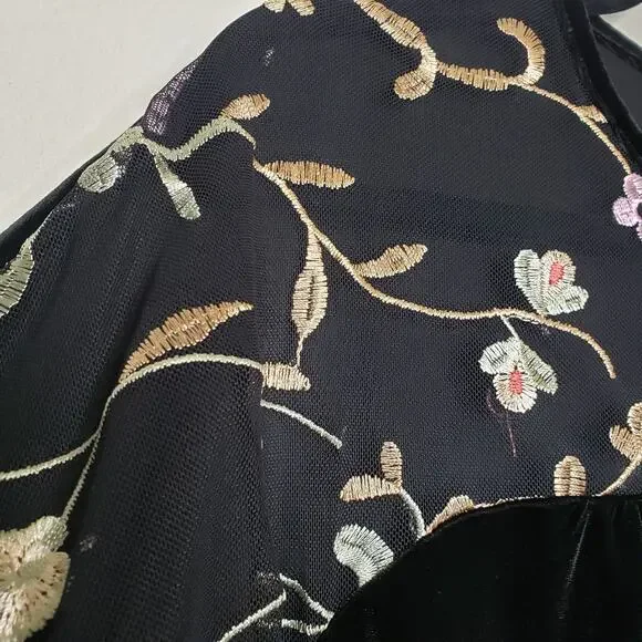 Pleione| Black Embroidered Mesh Velvet Blouse - Picture 3 of 10